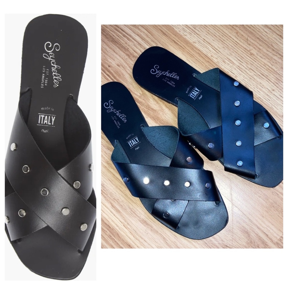 Seychelles Leather Total Relaxation Studded Cross Flat Sandals Black sz 8